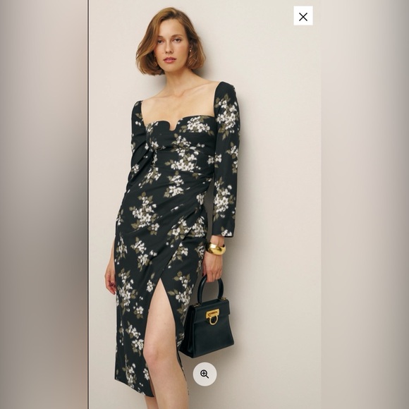 Reformation Black Floral Long Sleeve Dress